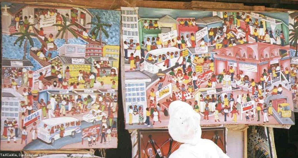 Приглядитесь к танзанийским картинам - они рисуют жизнь! ... магазин, автобусы, больница, паром...