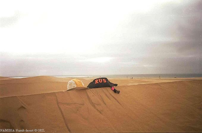 Натюрморт на дюнах. Видны немецкие рыбаки на берегу океана. Пустыня Намиб.